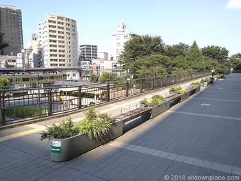 三鷹駅ペデストリアンデッキのオオゼキ前の座れる休憩場所