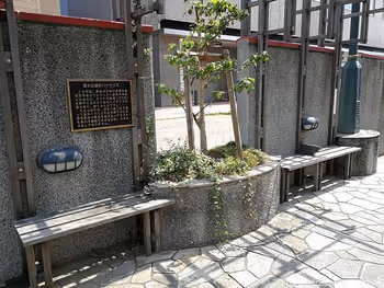 星川の石畳近くにある木製ベンチ