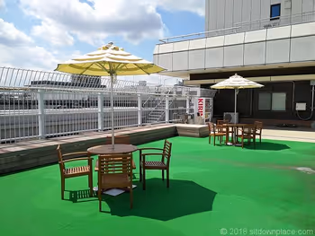 Table seats with parasols in the 4F rooftop garden of Lumine Omiya 2, part 2