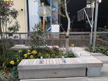 渋谷川沿岸的L型三座木製長椅