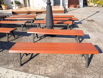 Two-seater benches in front of the Festival Court on the 1st floor of Mitsui Outlet Park