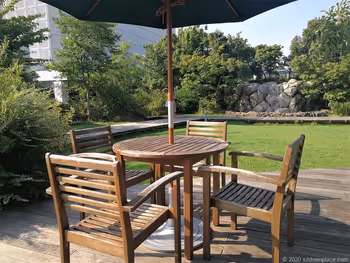 二子玉川站高岛屋总店屋顶森林花园喷泉附近的休息区桌椅