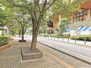 무사시코스기역 미드 스카이 타워 그란트리 앞의 나무 벤치