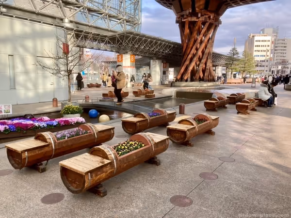 もてなしドーム内水路周辺の木製ベンチの写真1