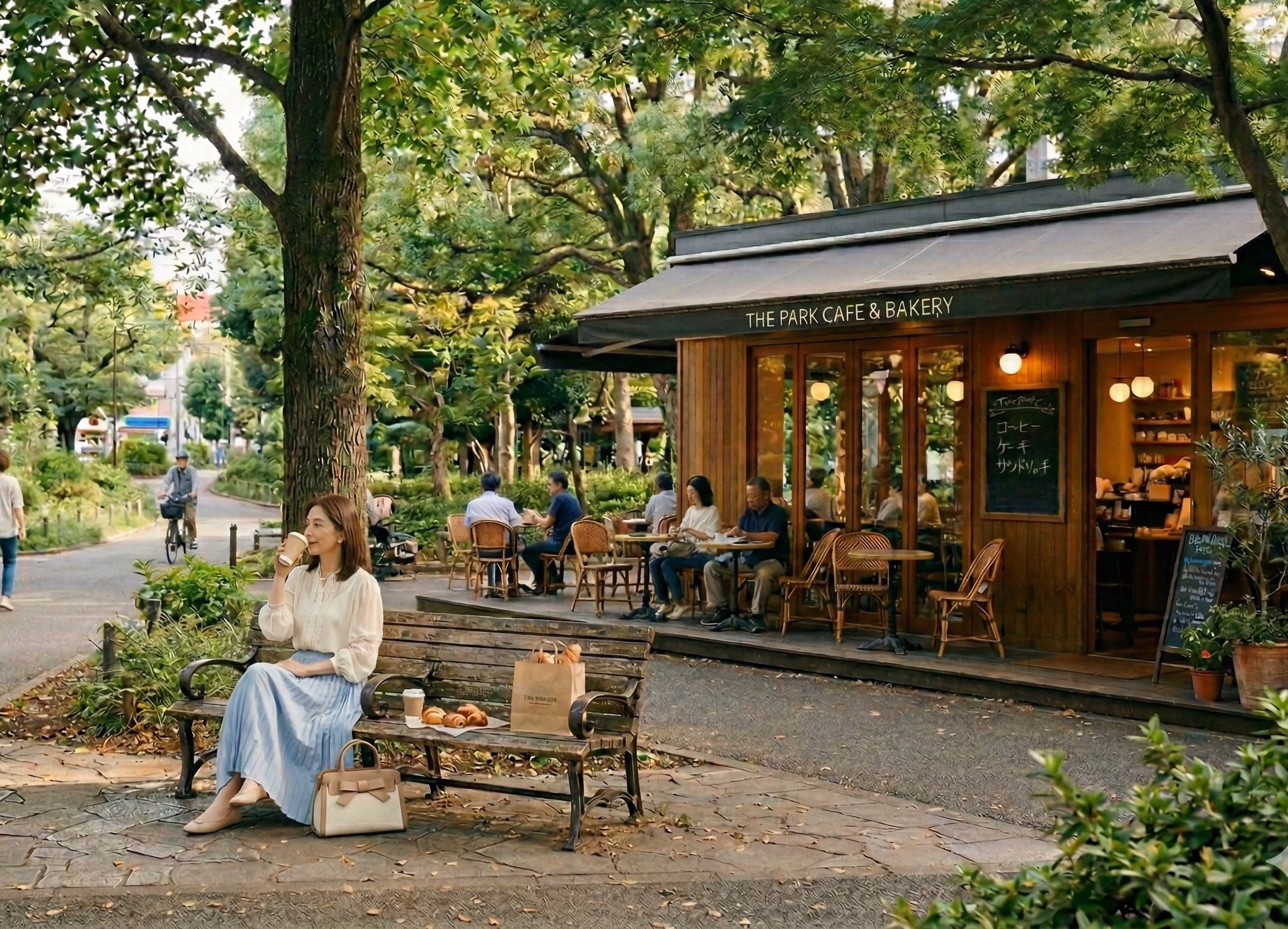 公園のベンチで休む人とカフェ